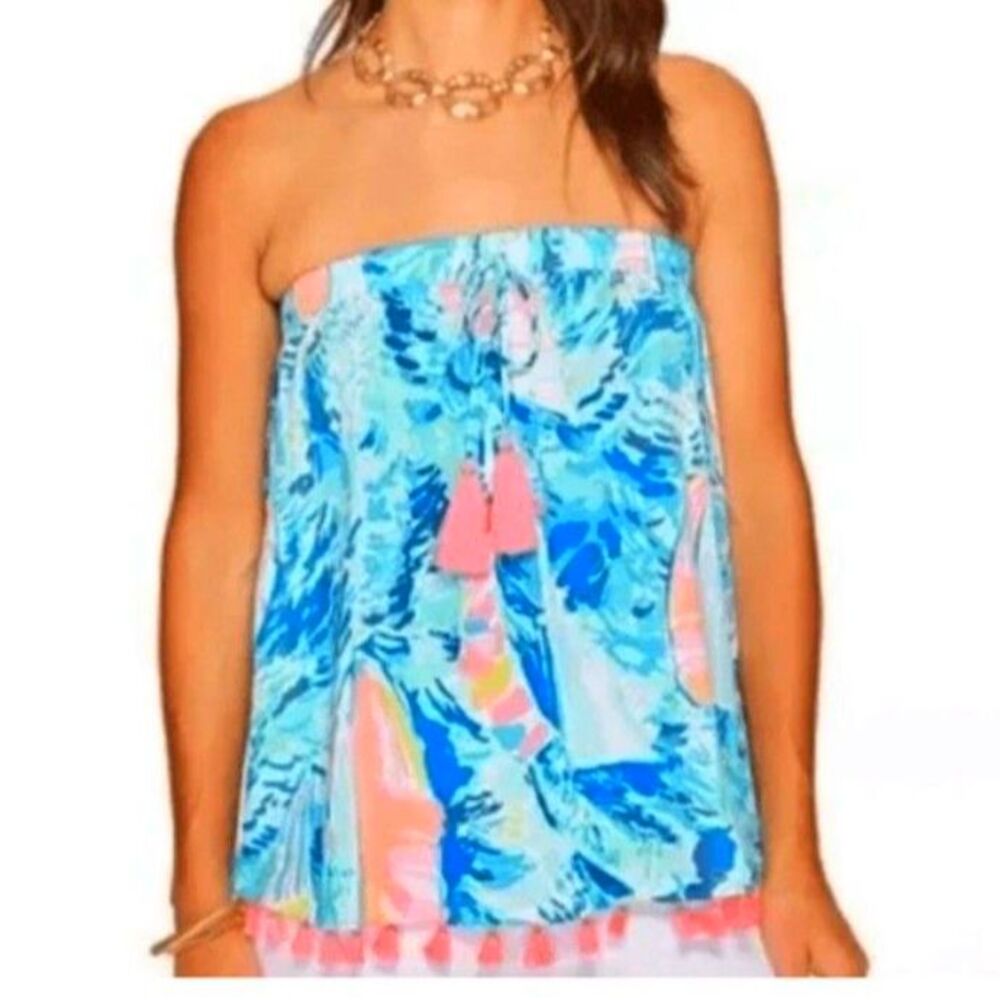 Lilly Pulitzer Women's NWOT Palma Colorful Sailboat Tasseled Strapless Top Sz L